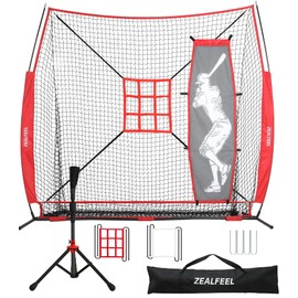 ZEALFEEL Baseball Net, 7x7 ft Pitching & Batting Net with Dummy Batter, Large Ball Collection System, 2 Strike Zones, Batting Tee, Carry Bag, Baseball Softball Net for Batting Pitching Hitting