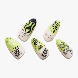 GLAMERMAID Press on Nails Medium Almond,UV Green False Nails with Gothic Ombre Design,Gel Glue on Nails Reusable Full Cover Manicure Set for Women