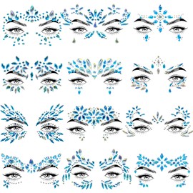 Allruyee 12 Sets Face Jewels Face Gems Mermaid Glitter Rhinestone Crystal Stickers Waterproof Eyes Face Temporary Tattoos for Party,Rave Festival,Carnival,Holiday Costumes,Rave Accessories,Makeup