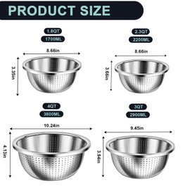 ATPWONZ 4+3 Stainless Steel Colander Set, 4 Sizes (1.8 qt, 2.3 qt, 3 qt, 4 qt) with 1 Mesh Strainer + 2 10-inch Stainless Steel Round Plates, for Washing Rice, Fruits, Vegetables, Draining Pasta, Meat