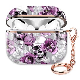 ZEKICE Compatible with AirPod Pro 2nd/1st Generation Case Cover Protective Shockproof Hard Cover Shell with Rose Gold Keychain, Case for Girl Women Men (Purple Flower Skull)