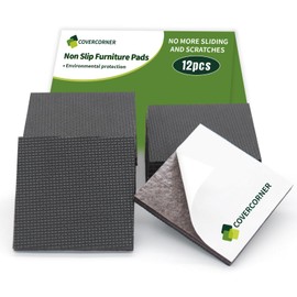 COVERCORNER Non Slip Furniture Pads 12 PCS 3'' Square - Anti Slip Furniture Pads - Self Adhesive Rubber Feet Furniture Feet - Chair Leg Floor Protectors - Keep Furniture in Place