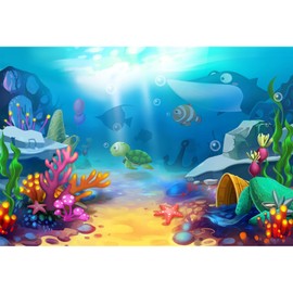 Baocicco 5x3ft Cartoon Underwater World Coral Reef Backdrop Vinyl Photography Background Sea World Colorful Torpical Fishes Turtles Shark Party Summer Holiday Children Birthday Party Photo Studio