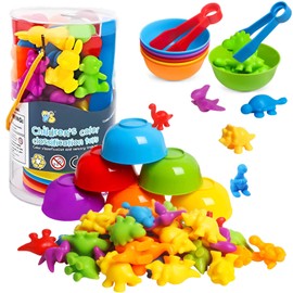 CARYWON Juguetes Didacticos, 56pcs Juguete para Contar Dinosaurios, Juguete Didactico De Dinosaurio para Aprender Colores, Clasificar y Contar, Juguetes Sensoriales De Matemáticas Montessori