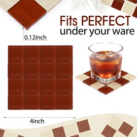 Queekay Brown and Beige Checkered Coaster Set of 6 for Drink 4" Square Glass Drinks Tiled Coaster Plaid Place Mat for Coffee Table Bar Plate Home Decoration Gifts for Mom