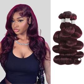 ALHER #99j Dark Burgundy Bundles Body Wave, 10A Burgundy Purplish Wine Red Colored 3 Pack for Black Women, 100% Unprocessed Virgin Remy Hair Soft Thick Bundles 16 18 20 Inch