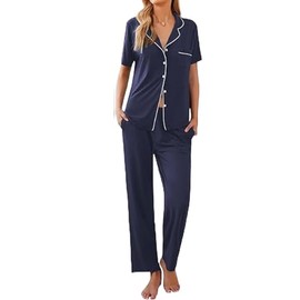 Ekouaer Women Pajamas Set Button Down Sleepwear Short Sleeve Nightwear with Long Pants Soft Pjs Set S-XXL Navy Blue XL