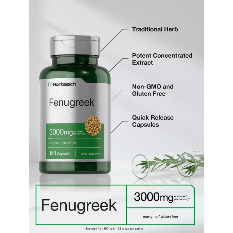 Horbäach Fenugreek Capsules 3000mg | 150 Count | Non-GMO &