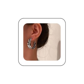 Yienate Acrylic Black White Striped Checked Earrings Vintage C Shaped Acrylic Resin Dangle Drop Earrings Lightweight Geometric Grid Hoop Earrings Statement Earrings Jewellery for Women Girls, Alloy