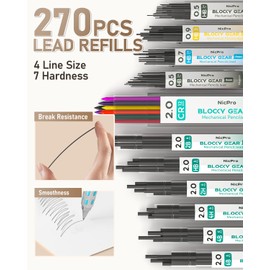 Nicpro Blocky Gear Art Mechanical Pencil Set with Case, 36PCS Metal Mechanical Pencils 0.5, 0.7, 0.9mm & 2mm Lead Holder for Drawing Sketching with 20 Tubes (6B 4B 2B HB 2H 4H Colors) Lead Refills