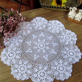 Lelefly Cotton Handmade Crochet lace Table Runners Round Tablecloth Doilies Doily Table Dresser Scarf Décor,27 inch,White