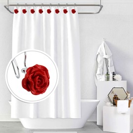 BEAVO Rose Shower Curtain Hooks,12 Pcs Double Glide Shower Curtain Rings Stainless Steel Rustproof Decorative Shower Hook Ring with Resin Rose Flower for Bathroom Shower Rods (Red)