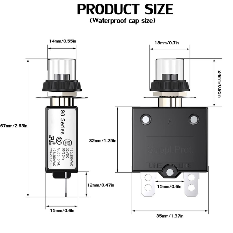 DIYhz Interruptor de Circuito Térmico, 10A, Botón Manual, Reinicio Automático,