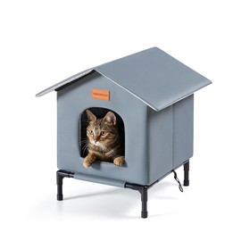 Insulated Cat Shelter Weatherproof Outdoor Cat House with Self-Warming Insulation Raised Bottom and Waterproof Roof for All-Season Protection (Grey, Large)