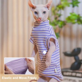 Sphynx Hairless Cat Shirt Rainbow Stripe Kitten T-Shirt With Sleeves, Turtleneck Stretchy Sweater, Pullover Pajamas Jumpsuit, Round Collar Vest for Sphynx, Devon, Cornish Cat Clothes