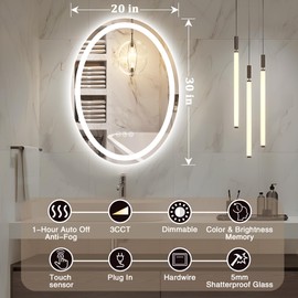 AXOTEXE Oval LED Mirror for Bathroom 20 x 30 Inch Oval Bathroom Vanity Mirror with Lights 3 Colors Dimmable Wall Mounted LED Bathroom Mirror Anti-Fog Lighted Mirror for Wall