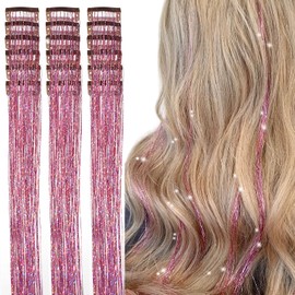 Aokomisu Hair Tinsel Pack of 18 Pcs Hair Tinsel Clip in 20 Inch Clip in Hair Tinsel Pink Glitter Tinsel Hair Extensions Fairy Hair Tinsel Clips Hair Accessories for Girls Kids Women (Pink-18 Pcs)