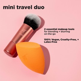 Real Techniques Mini Travel Duo, Makeup Brush Set For Traveling, Mini Foundation Brush & Makeup Blender Sponge For Blending On-The-Go, Achieve A Complete Base, Latex & Cruelty-Free, 2 Piece Set | Real Techniques