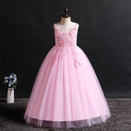 Little Big Girl Bridesmaid Pageant Flower Princess Wedding Formal Prom Floor Long Tulle Dress 7-16T Dance Evening Maxi Gown Pink 14-15 Years