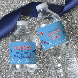 DISTINCTIVS Nursing School Graduation Party Water Bottle Labels, Nurse Graduation Water Bottle Waterproof Wrappers - 24, Nurses Call All the Shots Stickers