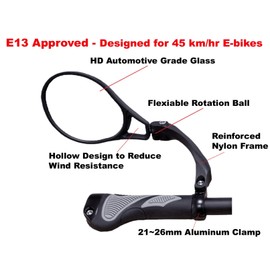 Hafny E13 Approved E-Bike Mirror, Large Surface Handlebar Bike Mirror, HD Automotive Grade Glass Bicycle Mirror, Safe Blast-Resistance Cycling Mirror