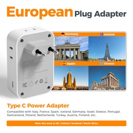 European Travel Plug Adapter, TESSAN US to Europe Plug Adapter with 4 Outlets 5 USB Ports (3 USB C), Type C Power Adaptor for USA to EU Euro Italy Spain France Iceland Germany Greece