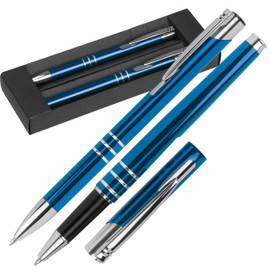 Metal Ballpoint Pen Set with Large Refill and Rollerball Pen 2 Writing Instruments in Cardboard Slipcase in Blue, Black, Silver or Red (Blue)