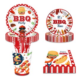 93 PCS BBQ Disposable Tableware Set for 8, Burger Kebab Pattern, Includes Plates, Cups, Straws Knives Forks Drinking Paper Towels, Suitable for Raw Theme Party Drinking Outdoor Picnic