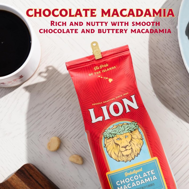 Lion Coffee Chocolate Macadamia Flavored Ground Coffee, Light Roast, Hawaiian