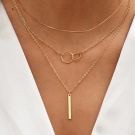 Allereya Vintage Layered Bar Necklace Gold Interlock Circle Choker Necklace Vertical Bar Pendant Necklace Geometric Circle Hoop Necklace Jewelry for Women and Girls