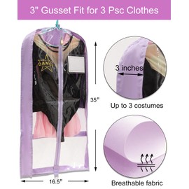 Elite Dance Gear 35" Costume Garment Bag with 3 Zipper Pockets for Suits Dress Cover, Travel & Competitions Protector, Dance Costumes, Girls Dress Recital Outfit Organizer, 3 Packs, Purple