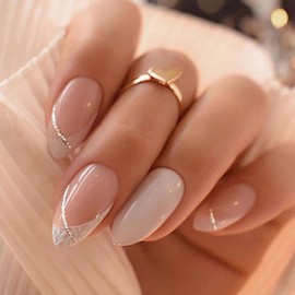 MISUD Press On Nails - Medium Almond Glossy Glue On False Nails, White Acrylic Stiletto Artificial Bling Glitter Swirl Design 24 pcs