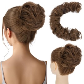 Hairro Messy Bun Hair Piece Remy Human Hairpiece DIY Wrap Around Bun Versatile Tousled Updo Scrunchy Curly Magical Long Hair Band Up-do Faux Chignons Ponytails For Women 32g #06 Light Brown