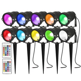 AHSELLUS RGB Low Voltage Landscape Lighting Color Changing LED Spot Lights Remote Control Outdoor Garden Lights 5W DC12V IP66 Waterproof Spotlight Patio Pathway Spot Lights with Stakes (10 Pack)