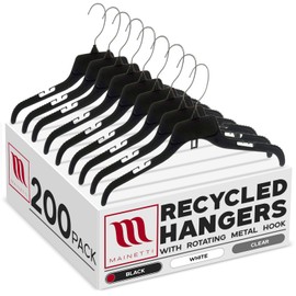 Mainetti 484 Recycled Black Plastic Hangers - 200 Pack with Rotating Metal Hook and Notches for Straps, Great for Shirts/Tops/Dresses, 17-Inch