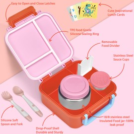 Kids Bento Lunch Box with 9oz Soup Thermo Leakproof Lunch Food Containers 4 Compartment with Insulated Hot Food Jar for Kid Toddler Girls Boys to School, Trvael