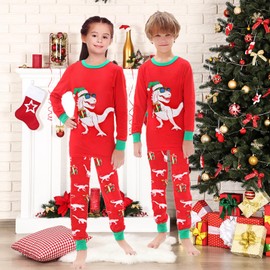 Trsenvrml Christmas Pajamas Set Kids for Boys Dinosaur Xmas Pjs Girls 100% Cotton Pajama Toddler Sleepwear Baby Clothes (Red Dinosaur, 4-5T)