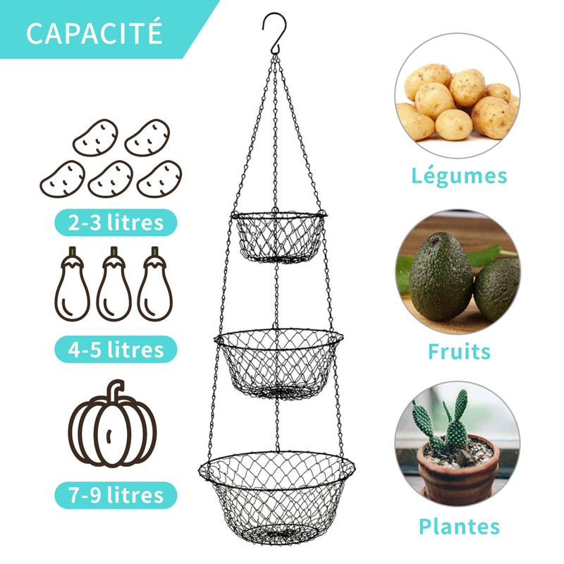 Home Bay Hanging Fruit Basket Kitchen 3 Tier Wire Stand