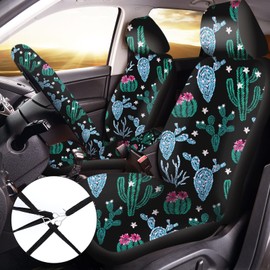 10 Pcs Cactus Car Seat Covers Full Set for Women Men Cute Steering Wheel Cover Cactus Print Front Seat Cover Belt Pad Armrest Pad Cover Car Keychain Wrist Holder for Universal Car SUV Truck