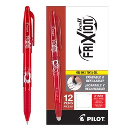 PILOT FriXion Ball Erasable & Refillable Gel Ink Stick Pens, Fine Point, Red Ink, 12-Pack (31552)