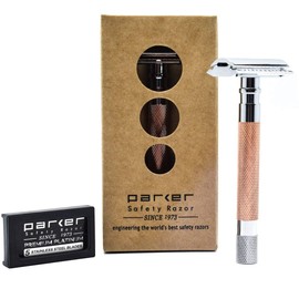 Parker Safety Razor 56R - Maquinilla de afeitar de seguridad de doble filo con 5 cuchillas Parker de acero inoxidable platino premium - Diseño clásico de 3 piezas (oro rosa)