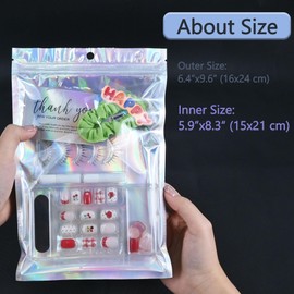 100 Pack Holographic Resealable Plastic Bags for Food Storage, Zipper Bags with Clear Front Window, Packaging Pouch for Small Business (6.4x9.6 inch)