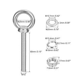 sourcing map Lifting Eye Bolt, 4 Sets M10 x 80mm Eye Bolt with Nut Washer 304 Stainless Steel Shoulder Lifting Ring Eye Bolt for Hanging Item