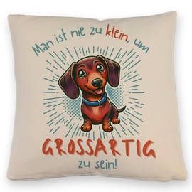 Dachshund Cushion with Linen Look with Saying "Nie zu klein für Großartigkeit" Cute Pet Decorative Cushion with Linen Look Friendly Dachshund Face Expression Adorable Animal