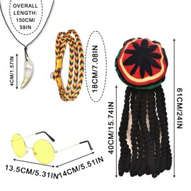 FUIPVGI 4 Pieces Hat Rasta Dreadlocks with Yellow Glasses, Braided Bracelet, Necklace, Reggae Hat Rasta Hat, Jamaican Dreadlocks Wig, Masquerade Costume Accessory for Cosplay (Multi-Colour)