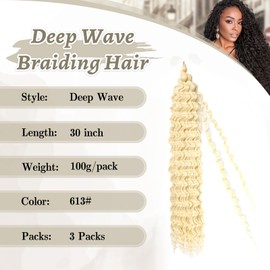 Ainimiu 30Inch 3Packs Deep Wave Crochet Hair for Boho Braids Long Curly Braiding Ocean Curly Braiding Hair Extension for Black Women (613, 30)