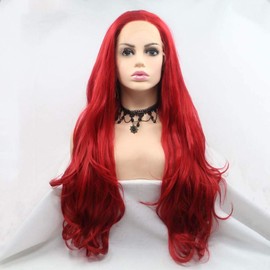 Melody Synthetic Lace Front Red Wigs Long Body Wave Hair Heat Resistant Fiber Hair Wigs For Women Cosplay Part Wigs High Density 24Inches Red color
