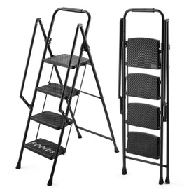 4 Step Ladder, Folding Step Stool with Non-Slip Wide Treads with Safety Non-Slip Handle, 500lbs Safety Household Ladder, Black