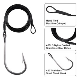 Fishing Hook Leaders Shark Rigs Stainless Steel Fishing Hooks 400 lb Nylon Coated Cable Leader Assembly, Hand Crimped, Saltwater Fishing Accessories (12/0-3pcs)