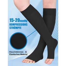Evolyline Compression Stockings Women Men 15-20 mmHg Class 1, Calf Support Stockings, Compression Socks, Thrombosis Stockings, Graduated Support, Edema, Open Toe-Black, L
